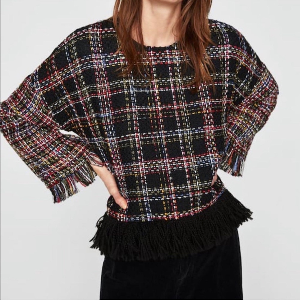 Zara Multi Color Confetti tweed plaid fringed black top flare sleeve